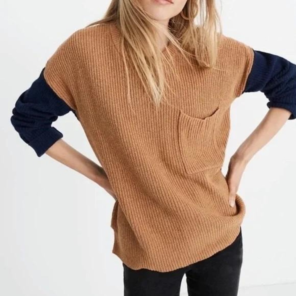 Madewell Thompson Pocket‎ Pullover Knit Sweater Colorblock Timber Heather Medium